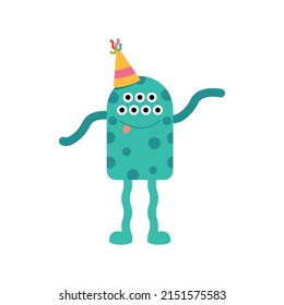 Vector cute monster. Illustration of alien in flat style. Happy birthday greeting card