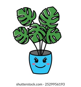 Vector Cute Monstera on Smile Blue Pot