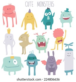 Vector cute monsters set collection isolated on white background