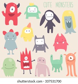 Vector cute monsters set collection isolated 