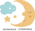 Vector cute moon clipart. Cartoon character moon, cloud, star. Hand drawn print for kids.