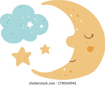 Vector cute moon clipart. Cartoon character moon, cloud, star. Hand drawn print for kids.