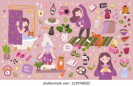 Vector cute morning illustration with girl and thematic elements