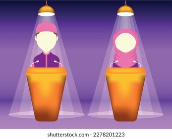 Vector cute moslem girl and man is lecturing at the podium