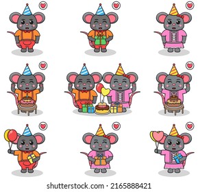Vector of Cute Mouse in Birthday Party. Set of cute little Mouse characters. Collection of funny Mouse isolated on a white background.