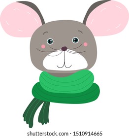 Vector cute mouse with green scarf. Cartoon character.