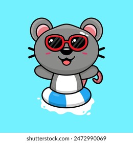 Vector cute mouse in sunglasses floating with swimming. flat cartoon style
