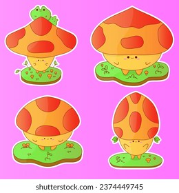 Vector Cute Mushrooms on the Ground Stickers in Kawaii Style. Kawaii Characters. Sticker Set