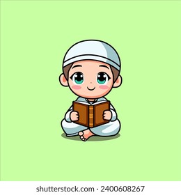 vector of cute Muslim boy learning to read the Qur'an while sitting smiling Art Illustration