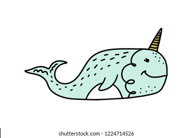 Vector cute narwhal art. Poster and banner element, children's book illustration, postcard, gift card, print for t-shirt and more, sticker, label and other. Isolated on white background.