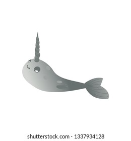 Vector cute narwhal character with horn icon, sea unicorn. Cartoon grey underwater arctic mammal for kids design. Smiling north wildlife marine animal on isolated background.