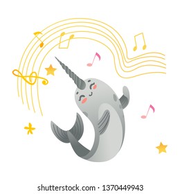 Vector cute narwhal character with horn listening to music with notes aroun icon. Cartoon grey underwater arctic mammal for kids design. Smiling north wildlife marine animal on isolated background.