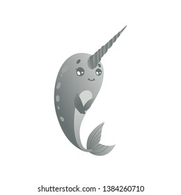 Vector cute narwhal character with horn, sea unicorn icon. Cartoon grey underwater arctic mammal for kids design. Smiling north wildlife marine animal on isolated background.