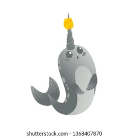 Vector cute narwhal character, sea unicorn with yellow toy at horn icon. Cartoon grey underwater arctic mammal for kids design. Smiling north wildlife marine animal on isolated background.