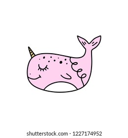 Vector cute narwhal line art. Poster and banner element, children's book illustration, postcard, gift card, print for t-shirt and more, sticker, label and other. Isolated on white background.