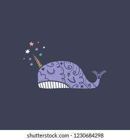 Vector cute narwhal line art. Poster and banner element, children's book illustration, postcard, gift card, print for t-shirt and more, sticker, label and other.