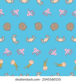 Vector Cute Nautical Animals Seamless Pattern for kids