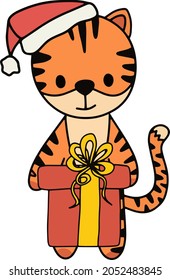 Vector cute new year baby tiger standing pose. Tiger with santa hat and big gift box. Isolated nursery clipart