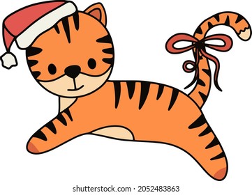 Vector cute new year baby tiger jumping pose. Tiger with santa hat and red ribbon bow. Isolated nursery clipart