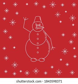 Vektorcute neue Jahresillustration Schneemann mit Schneeflocken auf rotem Hintergrund
