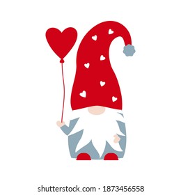 Vector cute Nordic Gnome with heart balloon for Valentines day isolated on white background. Gnome in red hat holding air balloon heart in cartoon style. Gnome for Happy Valentines day card.  