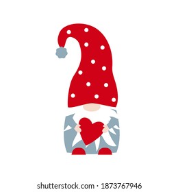 Vector cute Nordic Gnome with heart for Valentines day isolated on white background. Gnome in red hat holding heart in cartoon style. Gnome for Happy Valentines day card.  