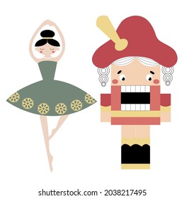 Vector cute Nutcracker and ballerina from a winter fairy tale. Funny flat style for holiday cards, posters for Merry Christmas, New Year