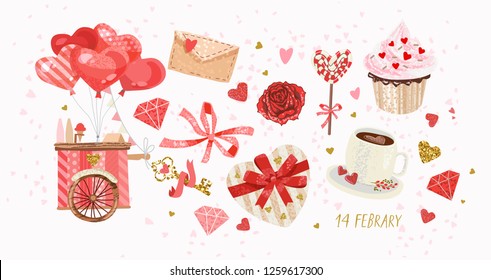 Vector cute objects and elements for Valentine's Day cards: heart, sweets, coffee, cake, key, candy, letter, diamond, rose, lollipop, ice cream cart