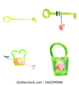 Vector cute objects and elements for Valentine's Day cards: heart, key, candy, letter