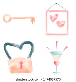 Vector cute objects and elements for Valentine's Day cards: heart, key, candy, letter