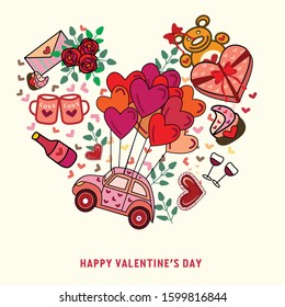 Vector cute objects and elements for valentines day postcards: cake,rose,pink retro toy car, heart, sweets,lollipo,  coffee candy, letter. 