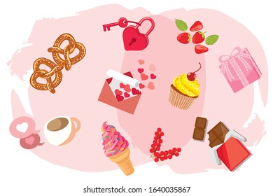 Vector cute objects and elements for Valentine's Day card, sweet pink background, cute poster