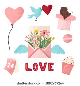 Vector cute objects and elements for Valentine's Day cards: heart, sweets, coffee, cake, key, candy, letter, diamond, rose, lollipop, ice cream cart