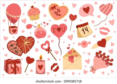 Vector cute objects and elements for Valentine's Day cards. vector flat collection