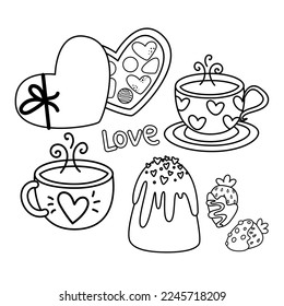 Vector cute objects and elements for Valentine's Day cards. Sweets for lovers, tea drinking, chocolate covered strawberries, sweets. Doodle, coloring page