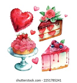 Objetos vectoriales lindos y elementos para tarjetas de San Valentín: flores, corazón, dulces, tarta, llave, caramelos, rosa, langostinos, helado de carrito