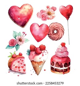 Objetos vectoriales lindos y elementos para tarjetas de San Valentín: flores, corazón, dulces, tarta, llave, caramelos, rosa, langostinos, helado de carrito