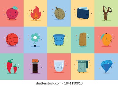 Vector cute objects Icon for kids education: apple, fire, king of fruit, wallet, slingshot, basket ball, flower, bucket, gold bar, mango, chili, film for camera, glass,  towel, diamond