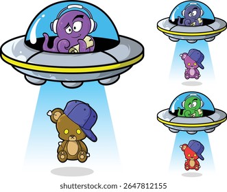 Vector of a cute octopus alien in a UFO abducting a teddy wearing a hat. Cute cartoon illustration for kids design, stickers or funny merchandise.