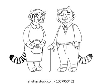 Vector cute old tiger and tigress character isolated on white. Tiger grandparents