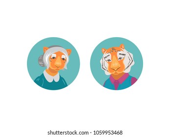 Vector cute old tiger and tigress character isolated on white. Tiger grandparents icon set