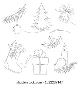 vector cute one line set of Christmas elements isolated on white.