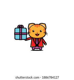 Vector cute orange cat design holding a gift