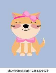 Vector of cute orange cat and pink bow headband isolated on blue background.