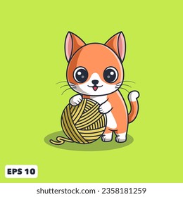 Vector Cute Orange Cat Playing A Yarn Ball. Animal Cartoon Illustration for Logo, Mascot, Icon