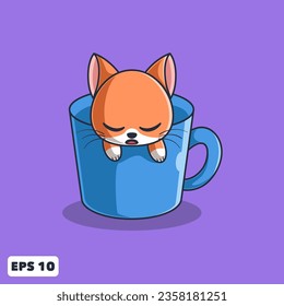 Vector Cute Orange Cat Sleeping On the Blue Coffee Mug. Animal Cartoon Illustration for Logo, Mascot, Icon