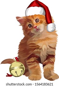 vector of cute orange cat wearing Christmas hat and play with bell Christmas tree decoration 