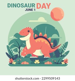 vector of a cute orange dinosaur in the forest with orange sun and bold text dinosaur day june 1