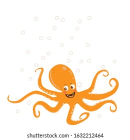 Vector cute orange octopus flat with water bubbles. Doodle style.  The octopus icon. illustration for zoo announcement, nature concept, children's book illustration
