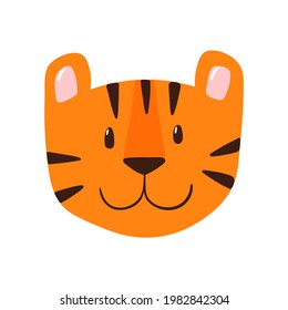 Vector cute orange tiger face clip art. Nursery illustration for posters, cards, baby shower, sublimation, design and decoration. Wild animal image isolated on white background for kids, children.